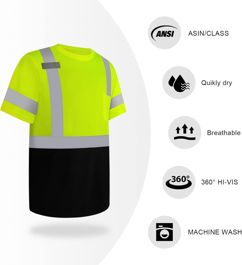 TCCFCCT Hi Vis Shirts for Men Class 3 High Visibility Shirts with Short Sleeves, Reflective Safety Shirts for Men Women, Construction Work Shirts with Black Bottom, Durable, DP-Yellow 4XL 3PCS - Image 3